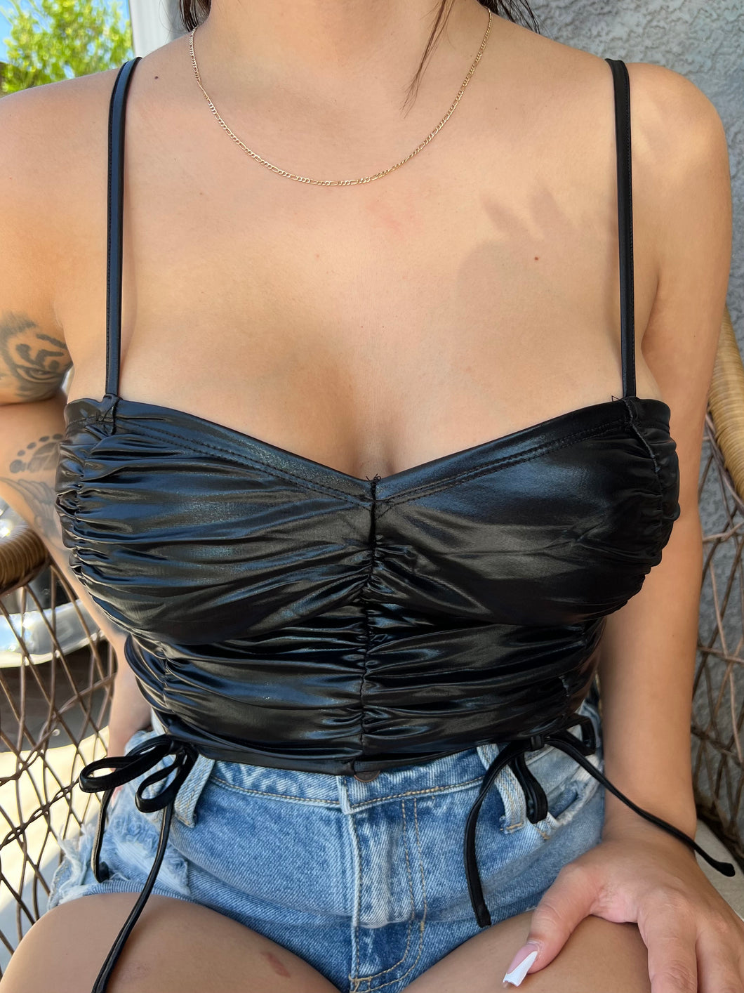 FAUX LEATHER RUCHED CROP TOP